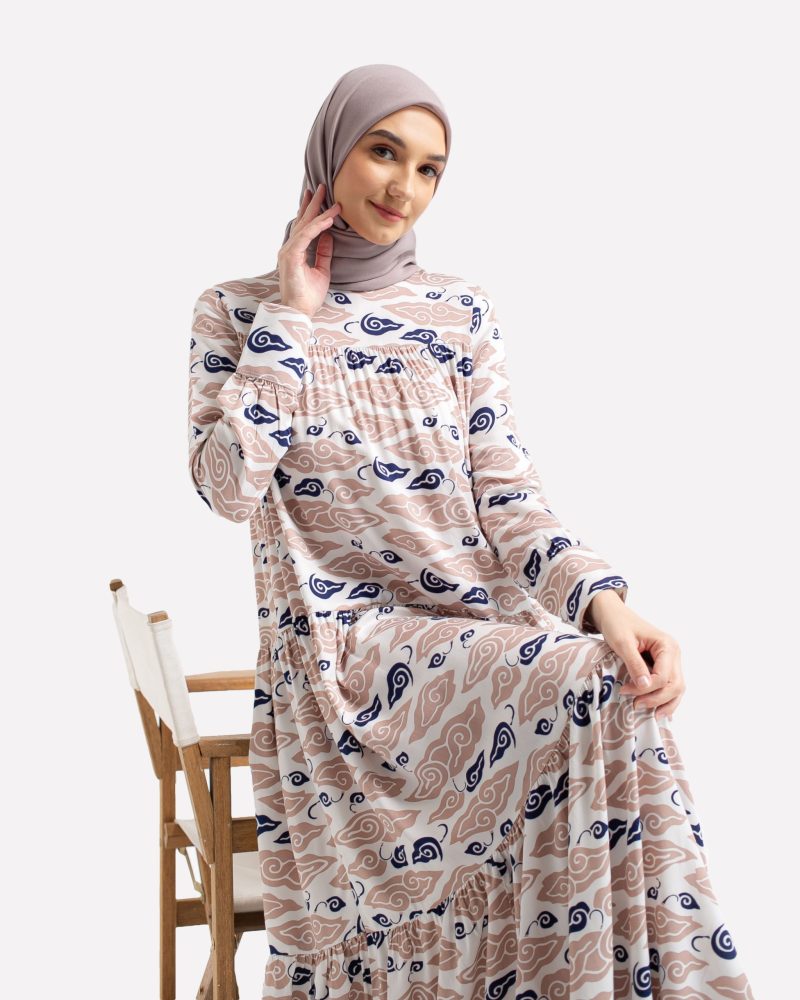 BATIK SALMA Gamis Susun Bahan Rayon Motif Batik Mega Mendung - Mocca 2