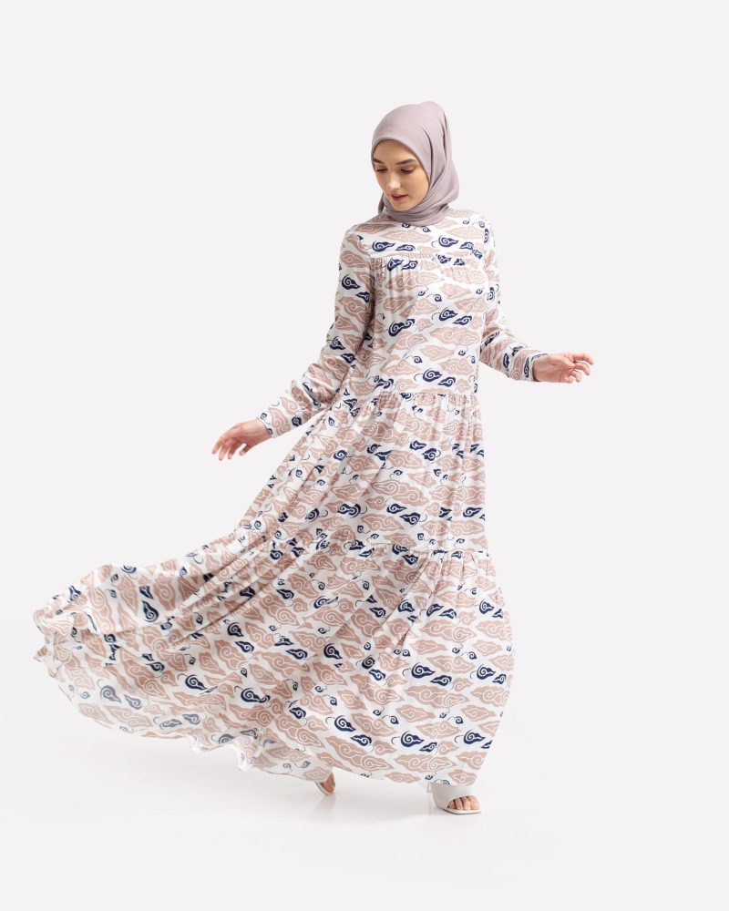 BATIK SALMA Gamis Susun Bahan Rayon Motif Batik Mega Mendung - Mocca 3