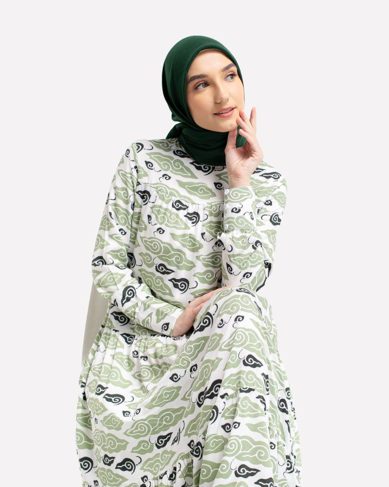 Gamis Susun Rayon Batik Mega Mendung - Hijau
